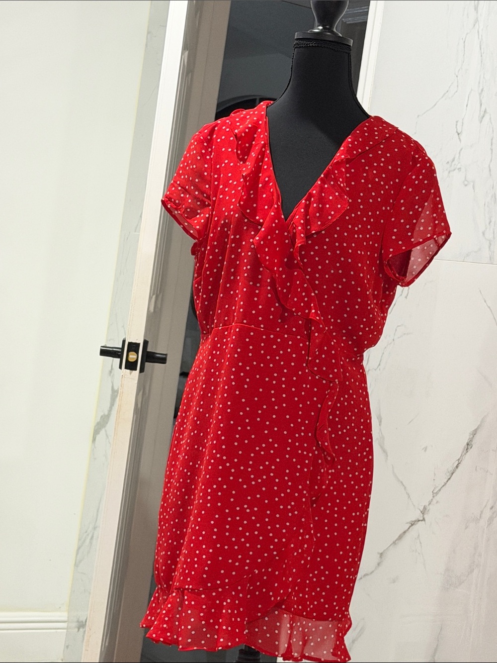 Red Polka Dot Ruffle Wrap Dress - Picture 3 of 11